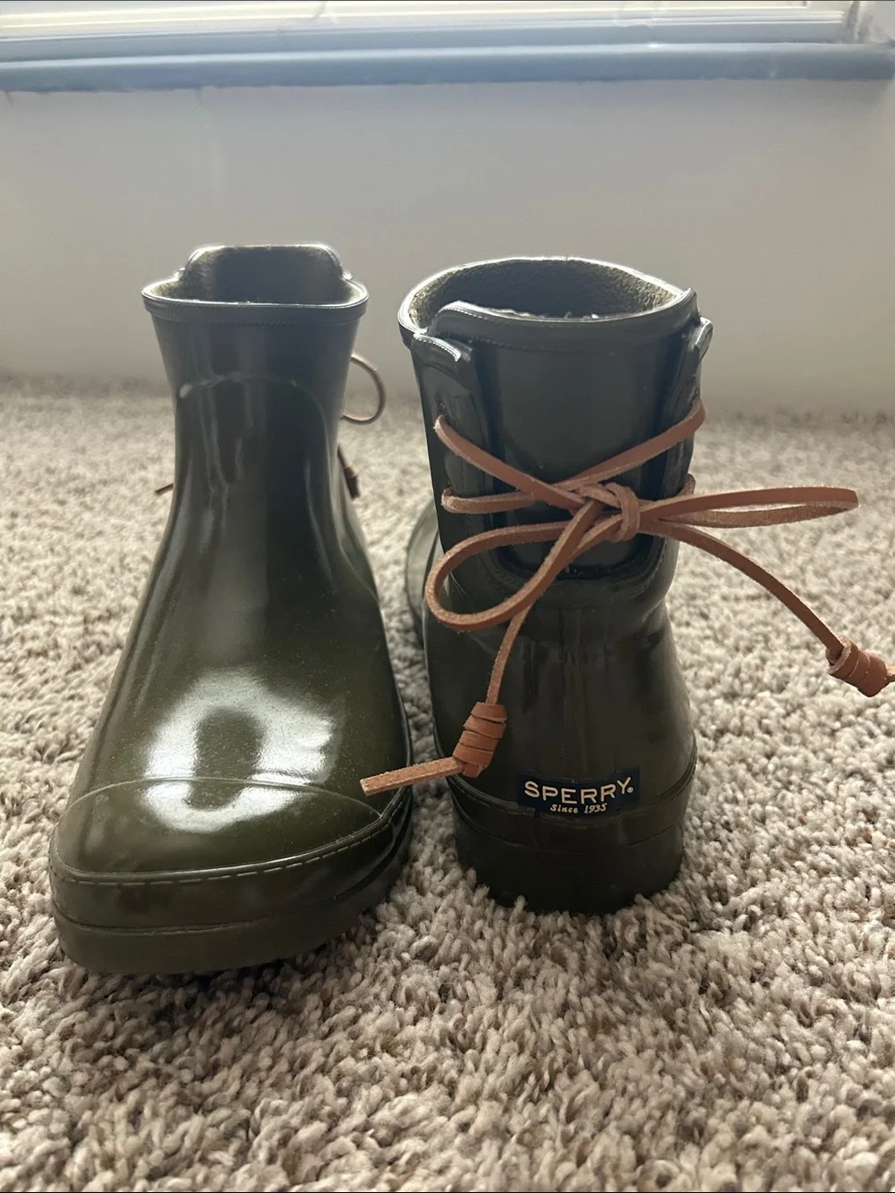 Sperry Olive Green Rain Boots with Brown Laces